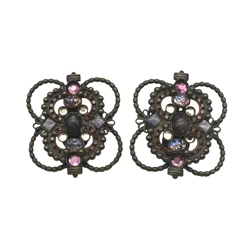 Sorrelli Vintage Purple Pink Crystal Filigree Clip On Earrings Brass Tone